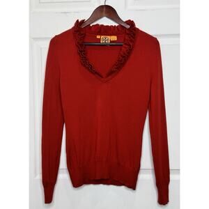 Tory Burch Red Merino Wool V-Neck Sweater Ruffle Collar Size Small